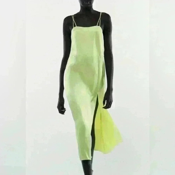 ZARA lime green satin Spaghetti straps cross at back  long dress size XS - Picture 2 of 7
